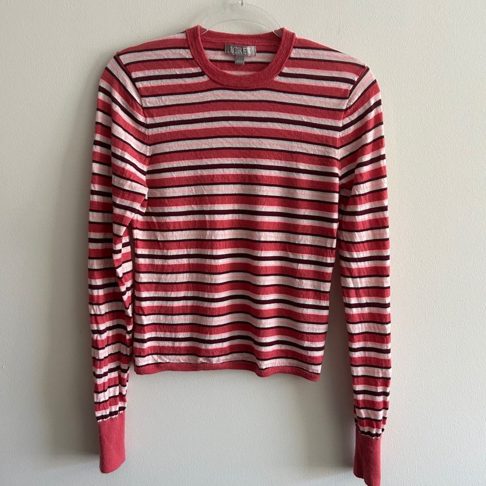 J.Crew Merino Wool Sweater Pink Red Striped Large Fitted Crewneck Long Sleeve